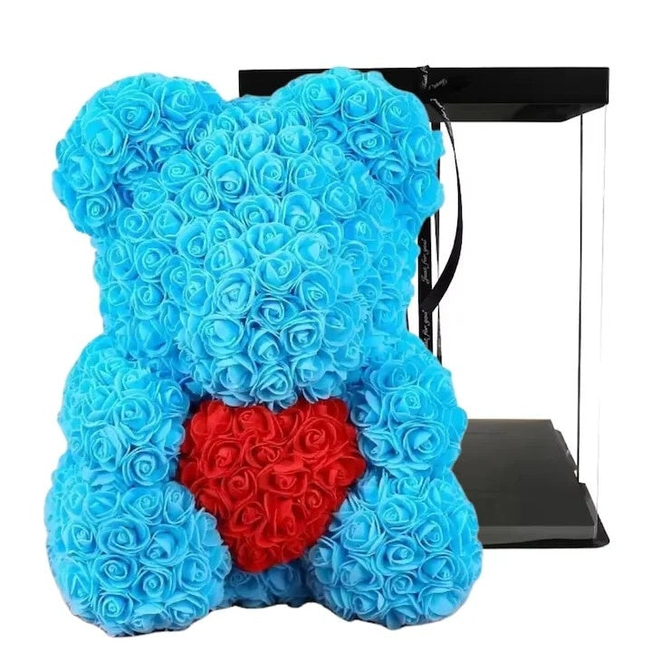 Urs din Pluș cu Inimă din Trandafiri Spumă, 24 cm, Cutie Cadou