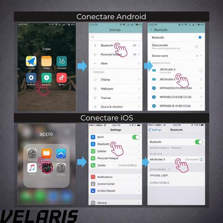 Telecomanda selfie Control fara fir compatibilitate cu smartphone-uri iOS si Android, conectivitate Bluetooth 4.0, dimensiuni 5 cm x 2 cm x 1 cm