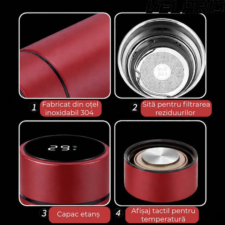 Termos Smart 500 ml cu sita infuzor si perete dublu, afisaj LED temperatura rosu