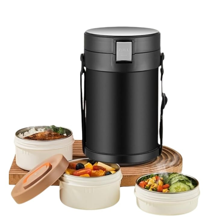 Recipient termic din oțel inoxidabil 304, 2.3L, 3 compartimente, etanș, cu ustensile, negru