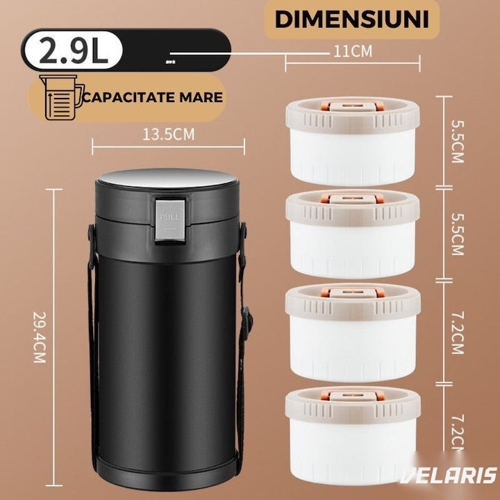 Recipient termic din oțel inoxidabil 304, 2.3L, 3 compartimente, etanș, cu ustensile, negru