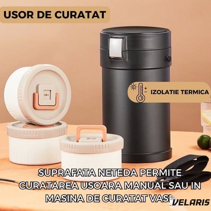 Recipient termic din oțel inoxidabil 304, 2.3L, 3 compartimente, etanș, cu ustensile, negru