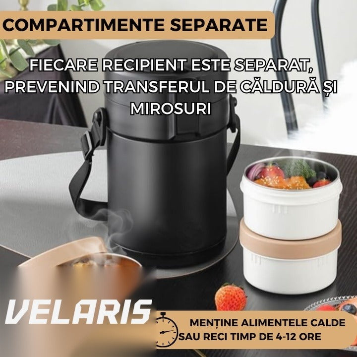 Recipient termic din oțel inoxidabil 304, 2.3L, 3 compartimente, etanș, cu ustensile, negru