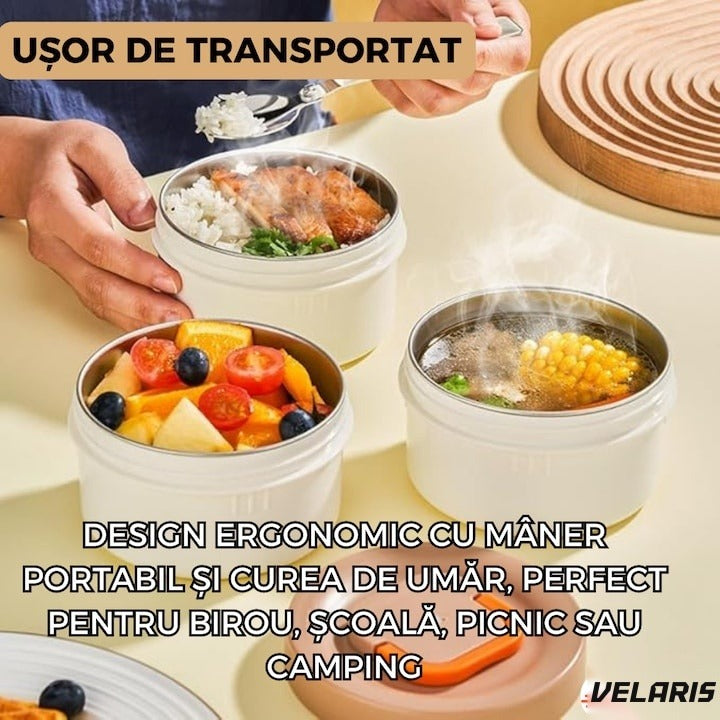 Recipient termic din oțel inoxidabil 304, 2.3L, 3 compartimente, etanș, cu ustensile, negru