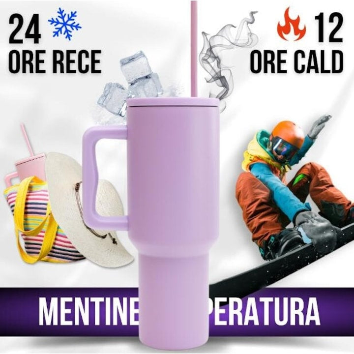 Cană termos cu mâner și paie, 1,2 litri, inox 304, violet