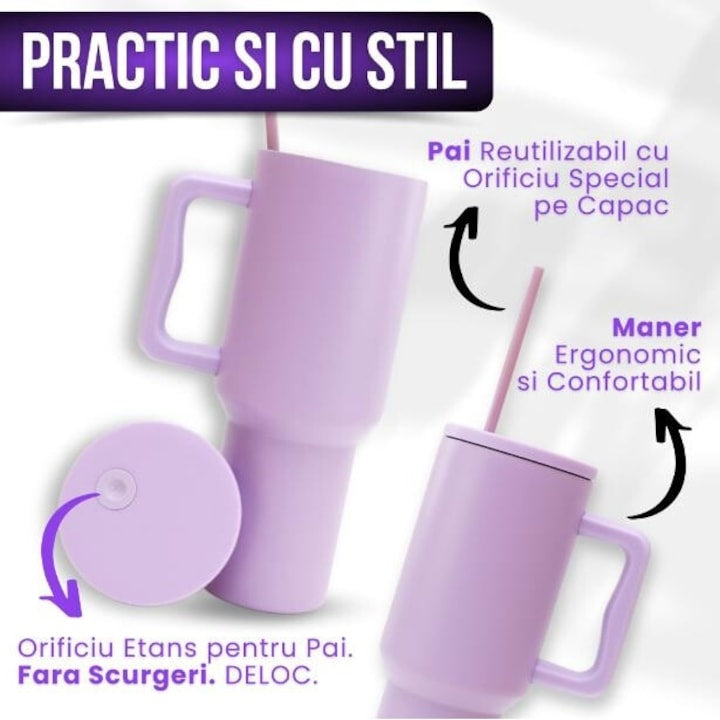 Cană termos cu mâner și paie, 1,2 litri, inox 304, violet