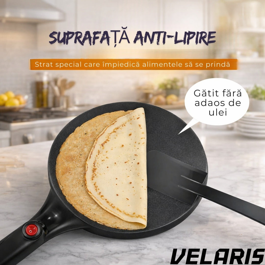 Tigaie electrica pentru clatite fara ulei 600W antiaderenta diametru 20 cm cu termostat automat si maner ergonomic
