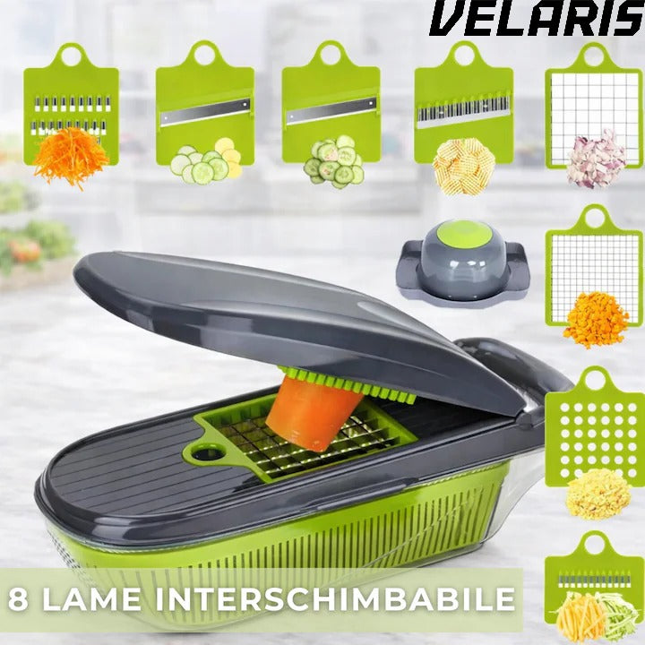Tocator multifunctional legume 12 in 1, 8 lame interschimbabile din otel inoxidabil, recipient 1, 5 L, pentru feliere, taiere cuburi
