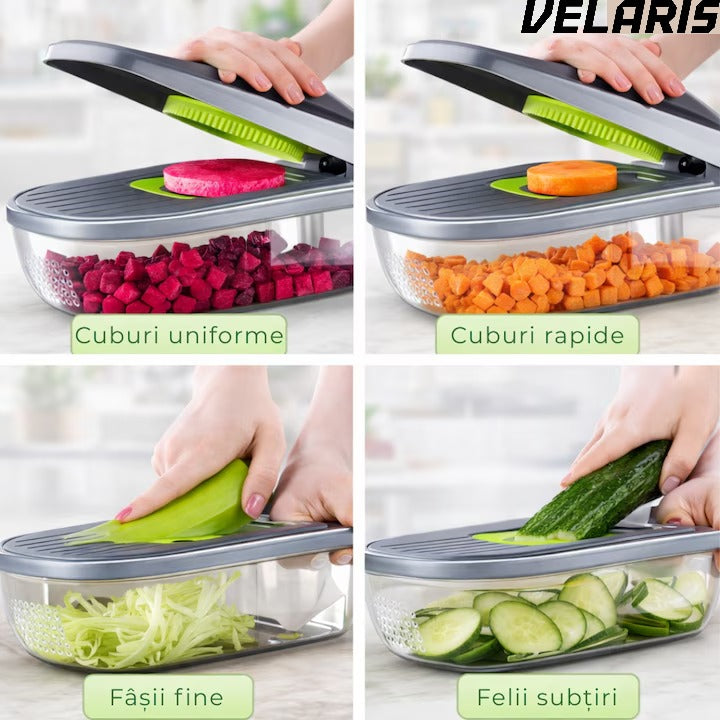 Tocator multifunctional legume 12 in 1, 8 lame interschimbabile din otel inoxidabil, recipient 1, 5 L, pentru feliere, taiere cuburi