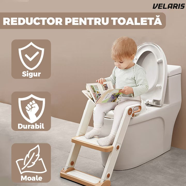 Reductor WC cu scări, mânere, antiderapant, 2 trepte, alb-roz auriu