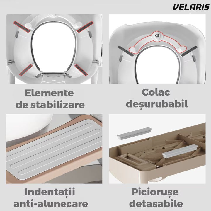 Reductor WC cu scări, mânere, antiderapant, 2 trepte, alb-roz auriu