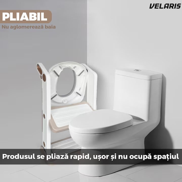 Reductor WC cu scări, mânere, antiderapant, 2 trepte, alb-roz auriu