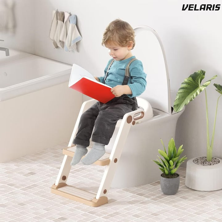 Reductor WC cu scări, mânere, antiderapant, 2 trepte, alb-roz auriu