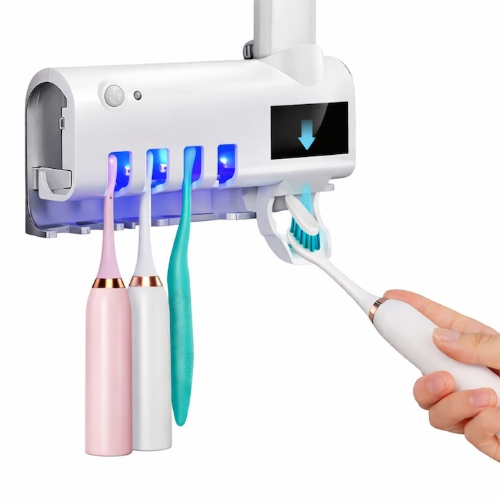 Dispenser pastă de dinți și sterilizator UV-C periuțe, panou solar, senzor mișcare, 190x125x90 mm