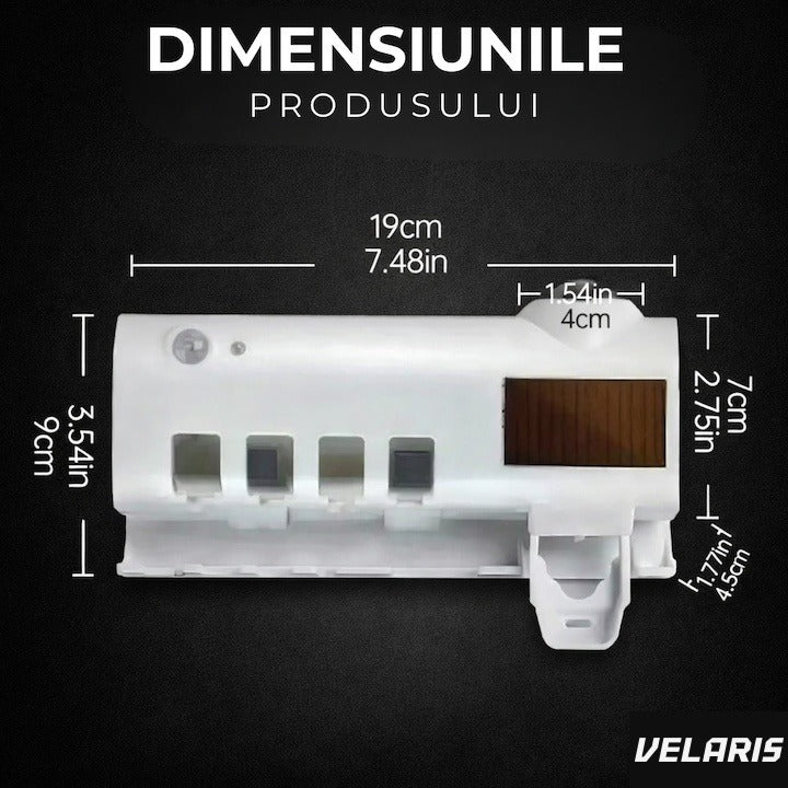 Dispenser pastă de dinți și sterilizator UV-C periuțe, panou solar, senzor mișcare, 190x125x90 mm