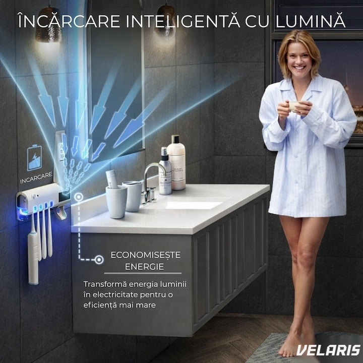 Dispenser pastă de dinți și sterilizator UV-C periuțe, panou solar, senzor mișcare, 190x125x90 mm