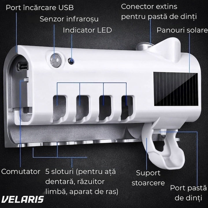 Dispenser pastă de dinți și sterilizator UV-C periuțe, panou solar, senzor mișcare, 190x125x90 mm