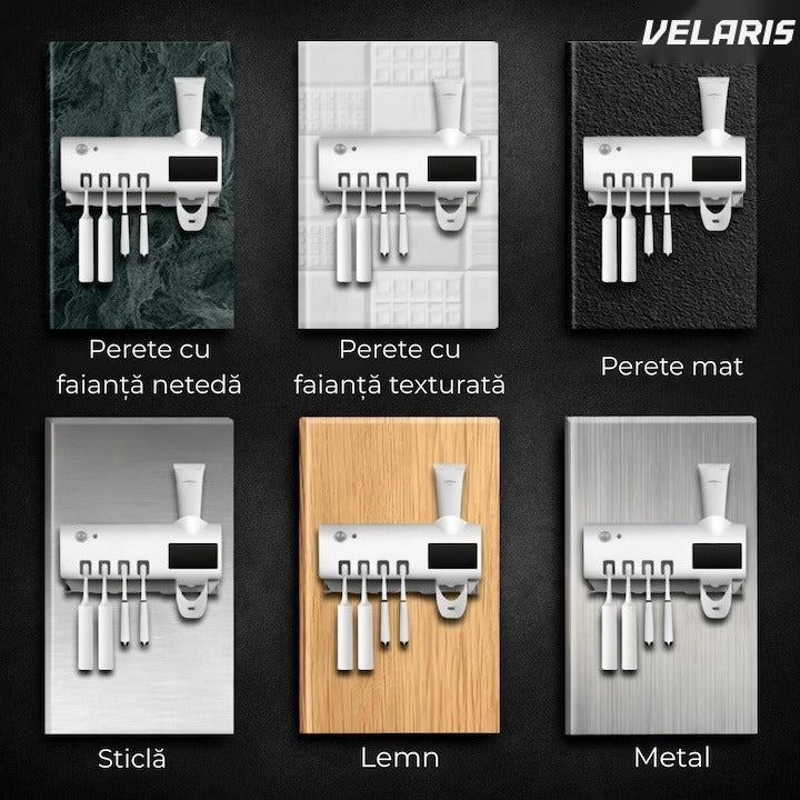 Dispenser pastă de dinți și sterilizator UV-C periuțe, panou solar, senzor mișcare, 190x125x90 mm