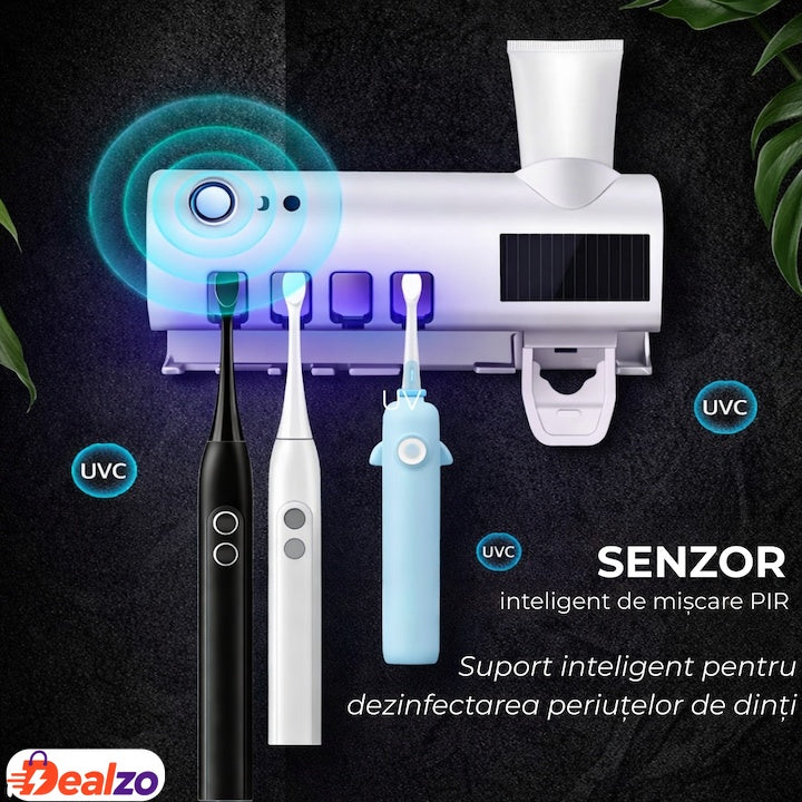 Dispenser pastă de dinți și sterilizator UV-C periuțe, panou solar, senzor mișcare, 190x125x90 mm