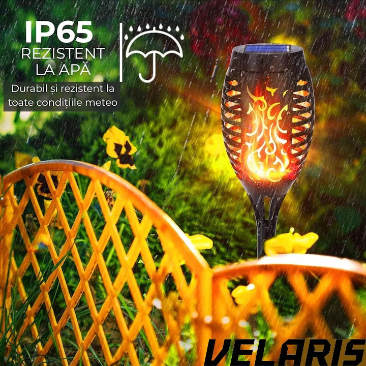 Torta Solara LED 96 LED-uri, Efect Real de Flacara, Senzor de Lumina, Alimentare Solara, Rezistenta la Intemperii, Negru