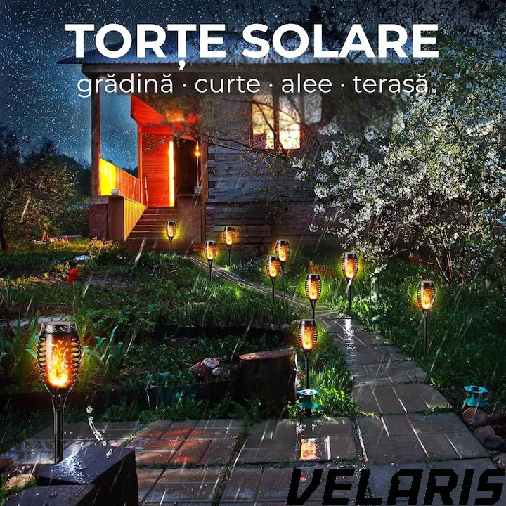Torta Solara LED 96 LED-uri, Efect Real de Flacara, Senzor de Lumina, Alimentare Solara, Rezistenta la Intemperii, Negru