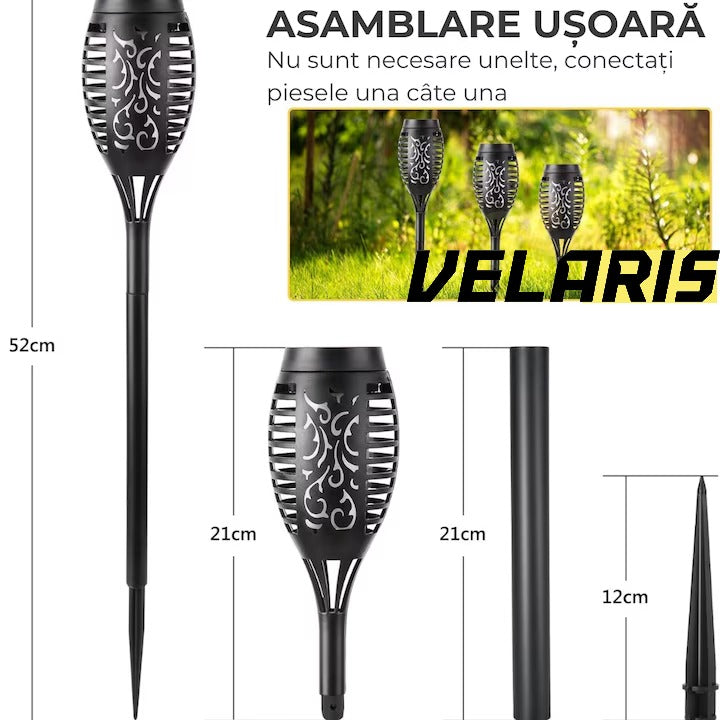 Torta Solara LED 96 LED-uri, Efect Real de Flacara, Senzor de Lumina, Alimentare Solara, Rezistenta la Intemperii, Negru
