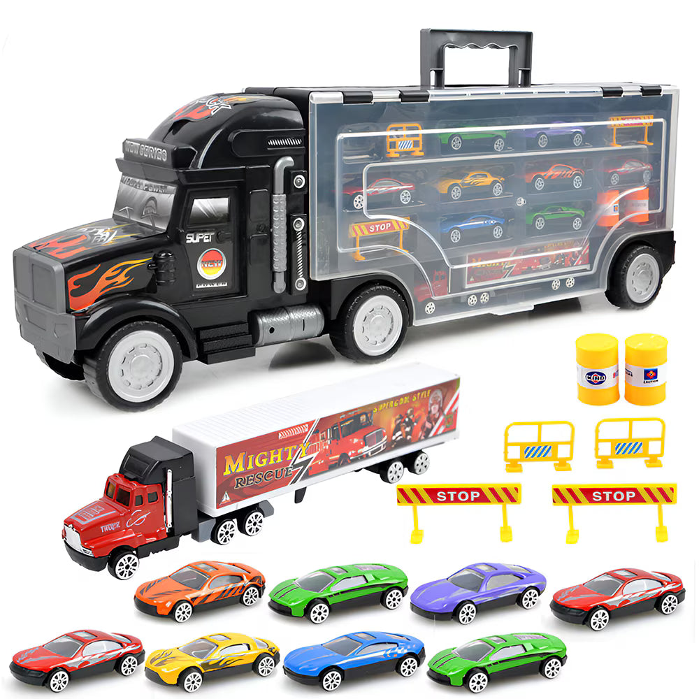 Set camion-trailer cu 9 mașinuțe, scara 1:22, tranzportă vehicule și semne de circulație