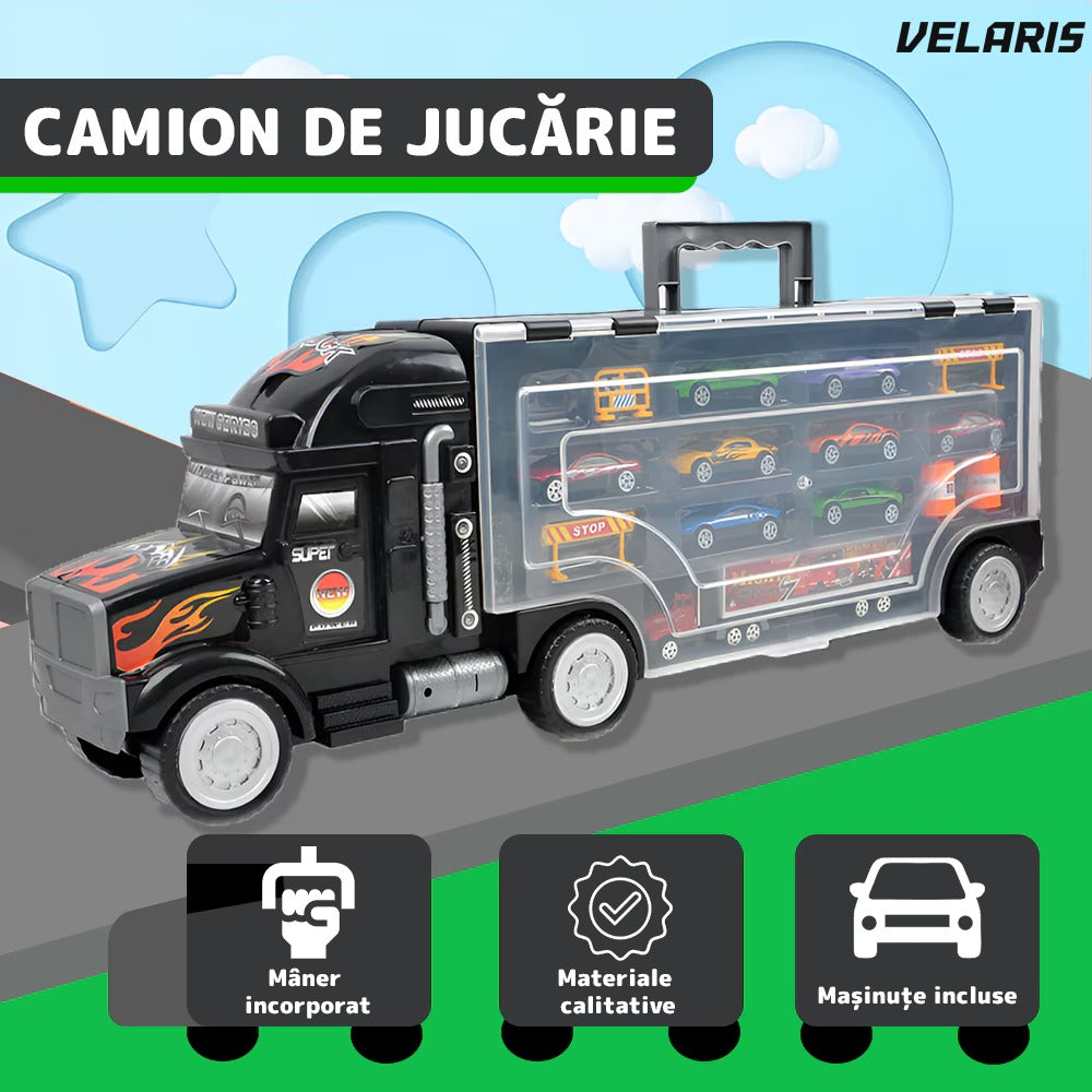 Set camion-trailer cu 9 mașinuțe, scara 1:22, tranzportă vehicule și semne de circulație