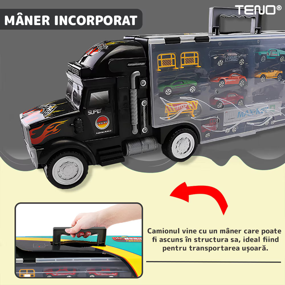 Set camion-trailer cu 9 mașinuțe, scara 1:22, tranzportă vehicule și semne de circulație