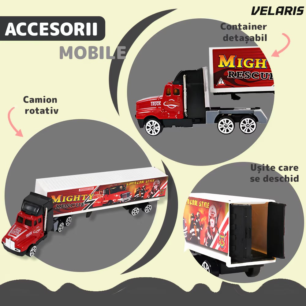 Set camion-trailer cu 9 mașinuțe, scara 1:22, tranzportă vehicule și semne de circulație
