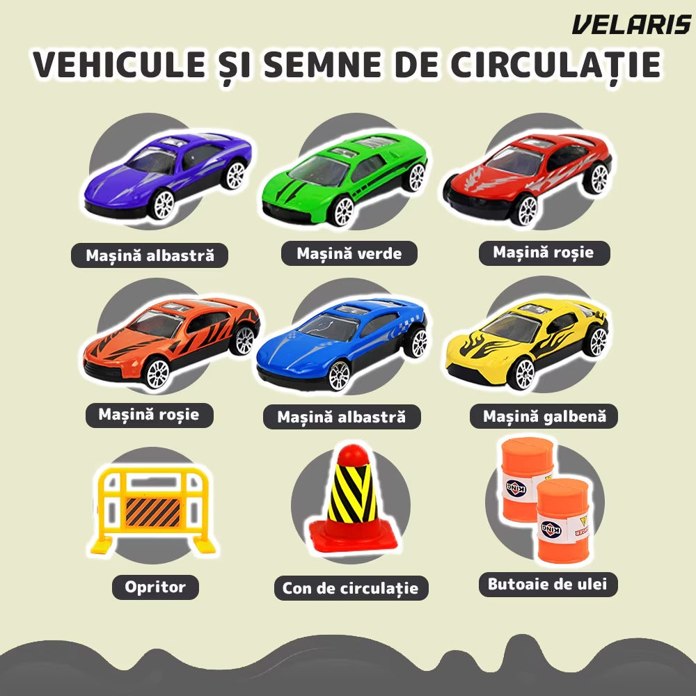 Set camion-trailer cu 9 mașinuțe, scara 1:22, tranzportă vehicule și semne de circulație