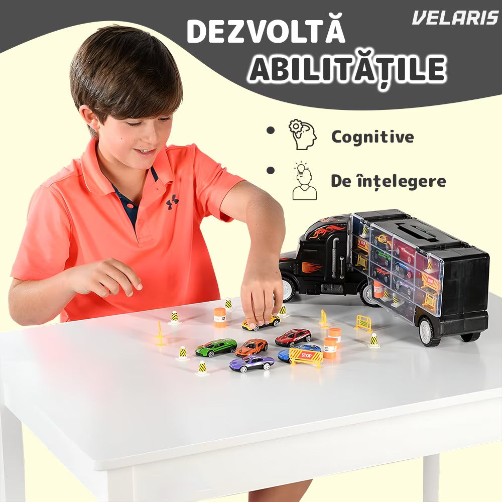 Set camion-trailer cu 9 mașinuțe, scara 1:22, tranzportă vehicule și semne de circulație