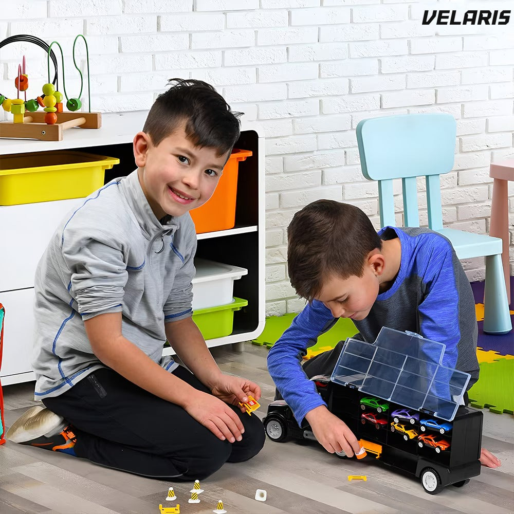 Set camion-trailer cu 9 mașinuțe, scara 1:22, tranzportă vehicule și semne de circulație