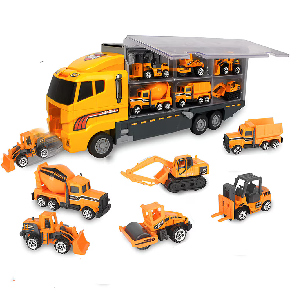 Set transportator utilaje constructii, 6 vehicule, buldozer, rampa lansare