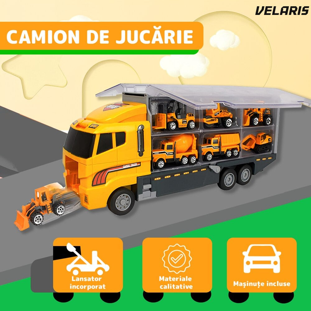 Set transportator utilaje constructii, 6 vehicule, buldozer, rampa lansare