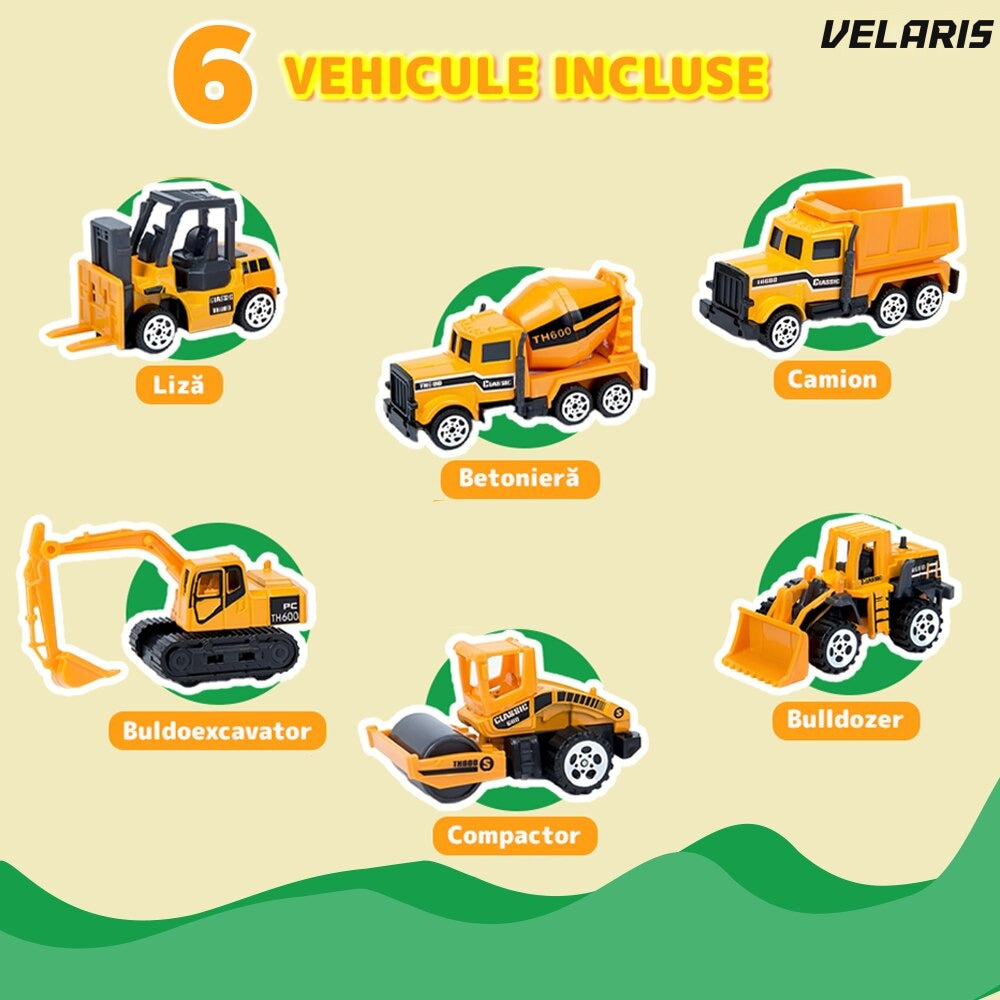 Set transportator utilaje constructii, 6 vehicule, buldozer, rampa lansare