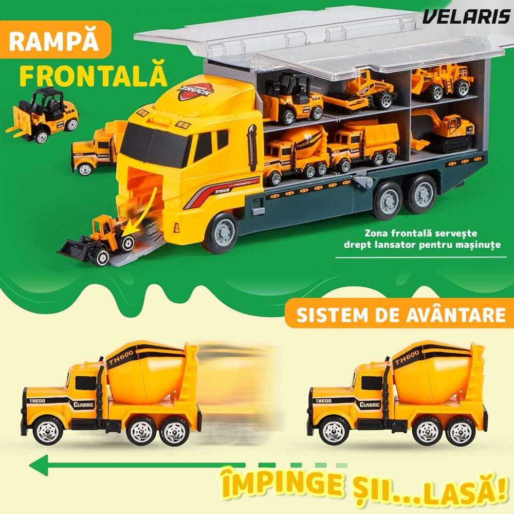 Set transportator utilaje constructii, 6 vehicule, buldozer, rampa lansare