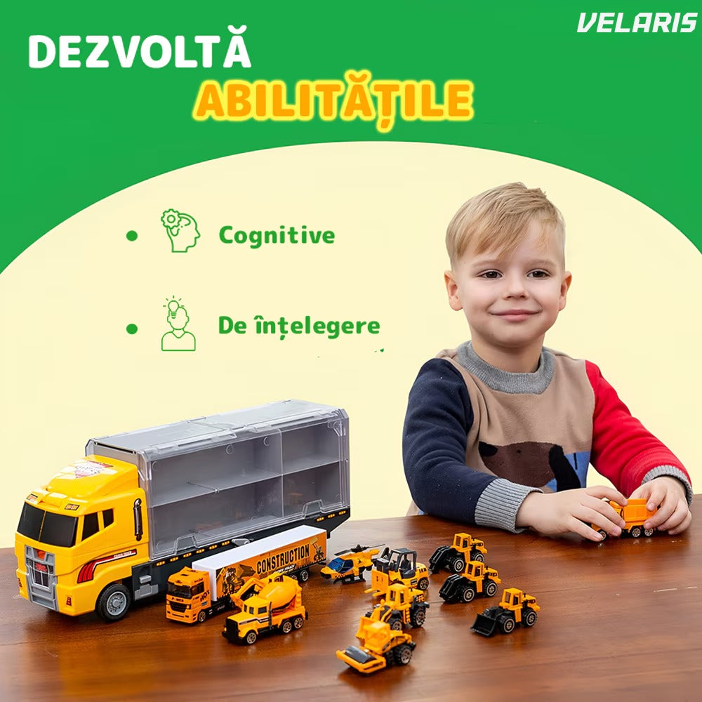 Set transportator utilaje constructii, 6 vehicule, buldozer, rampa lansare