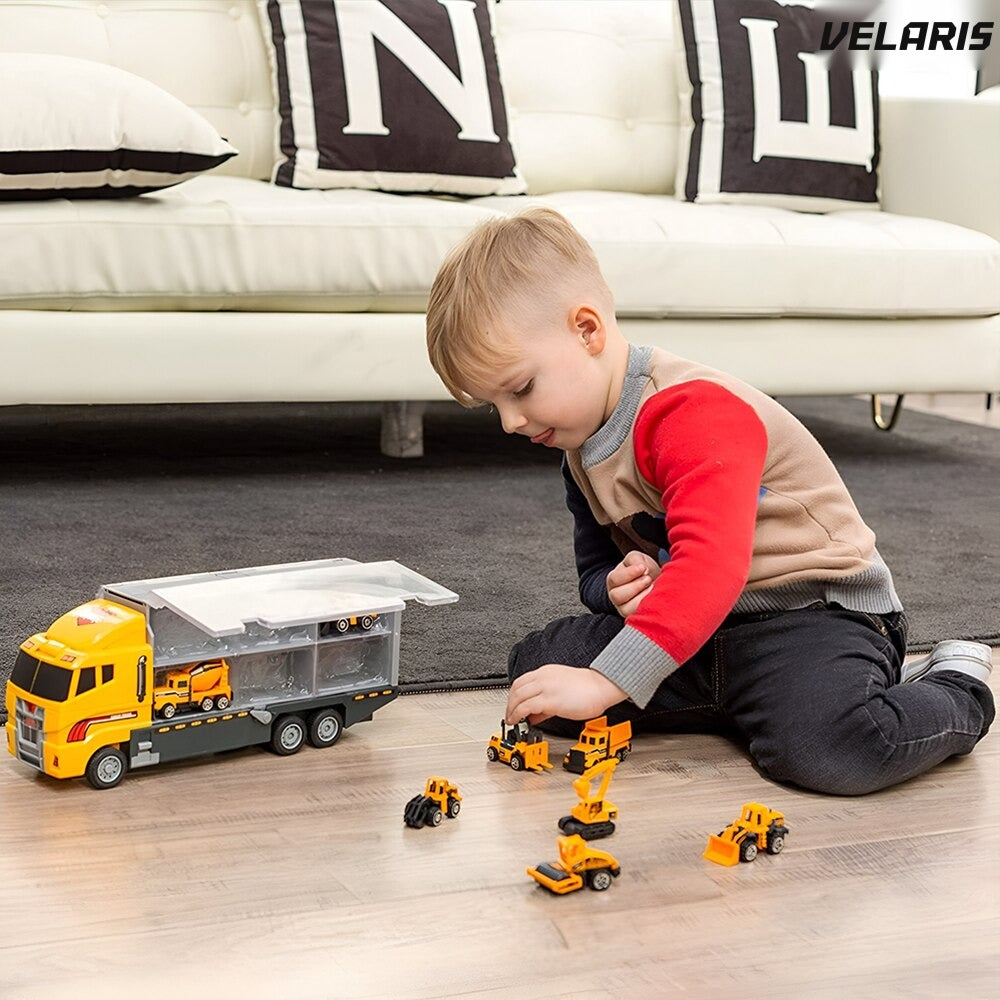 Set transportator utilaje constructii, 6 vehicule, buldozer, rampa lansare