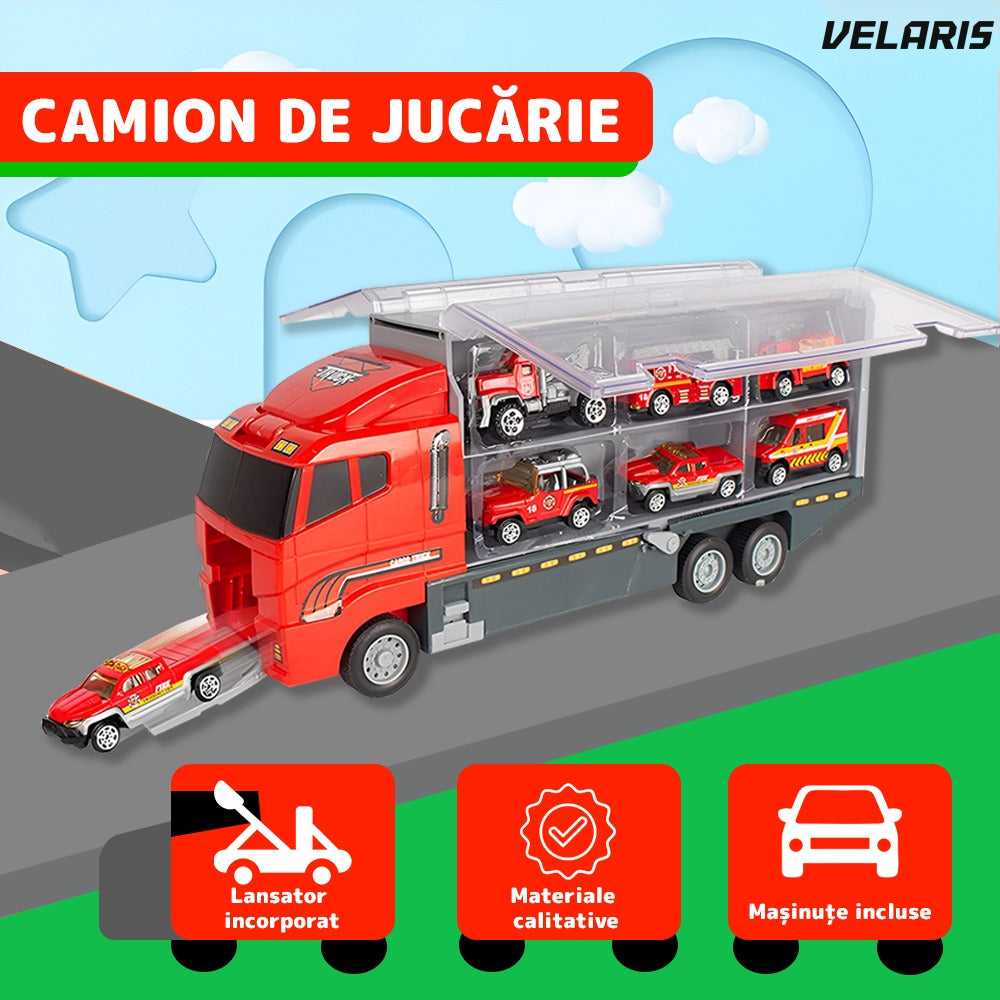 Set transportator pompieri, 10 vehicule, ambulanță, camion, rampa lansare