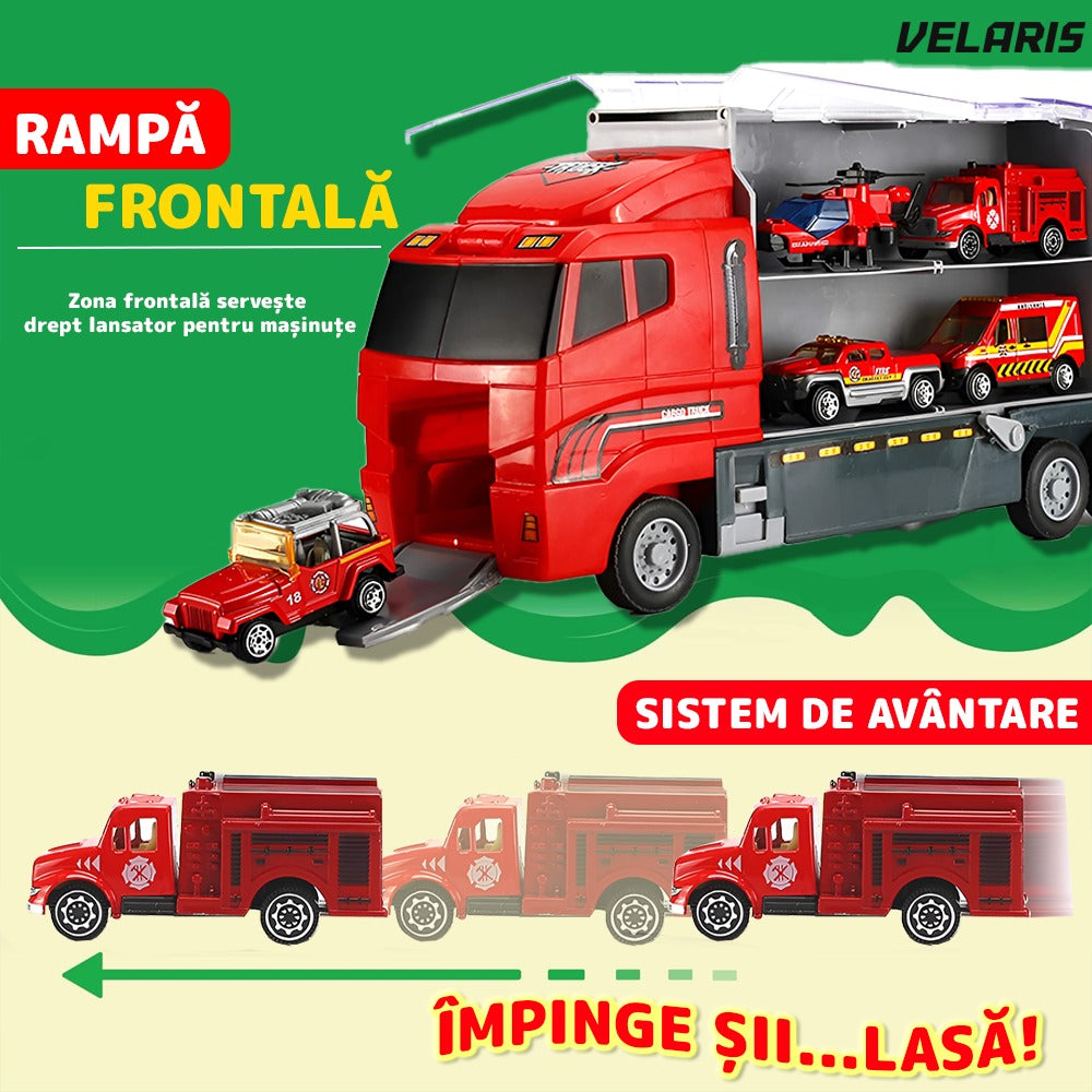 Set transportator pompieri, 10 vehicule, ambulanță, camion, rampa lansare