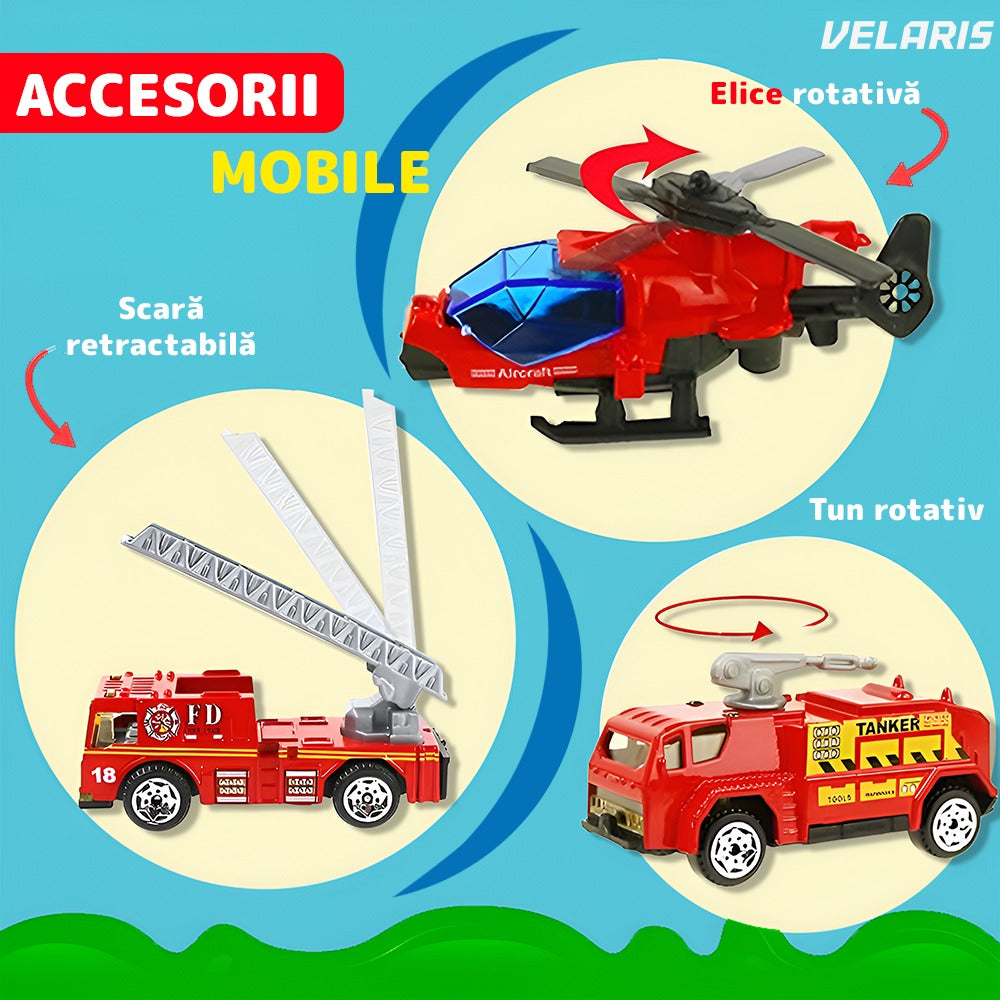 Set transportator pompieri, 10 vehicule, ambulanță, camion, rampa lansare