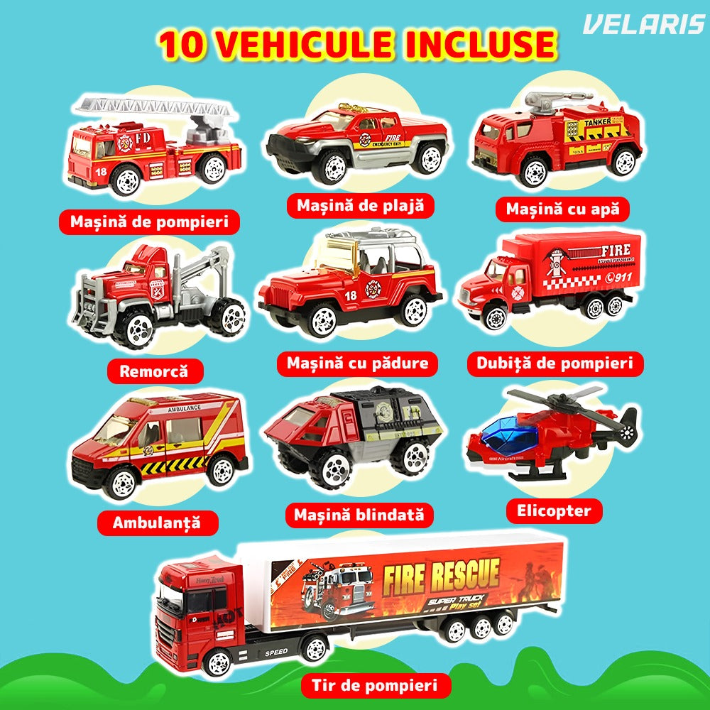 Set transportator pompieri, 10 vehicule, ambulanță, camion, rampa lansare