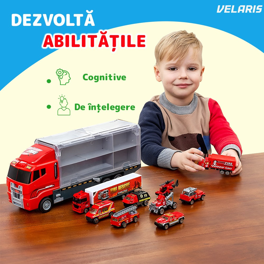 Set transportator pompieri, 10 vehicule, ambulanță, camion, rampa lansare