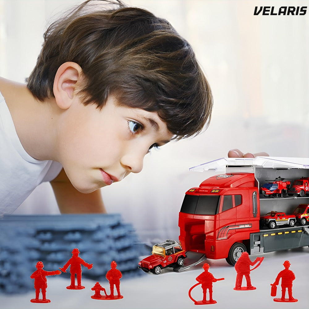 Set transportator pompieri, 10 vehicule, ambulanță, camion, rampa lansare