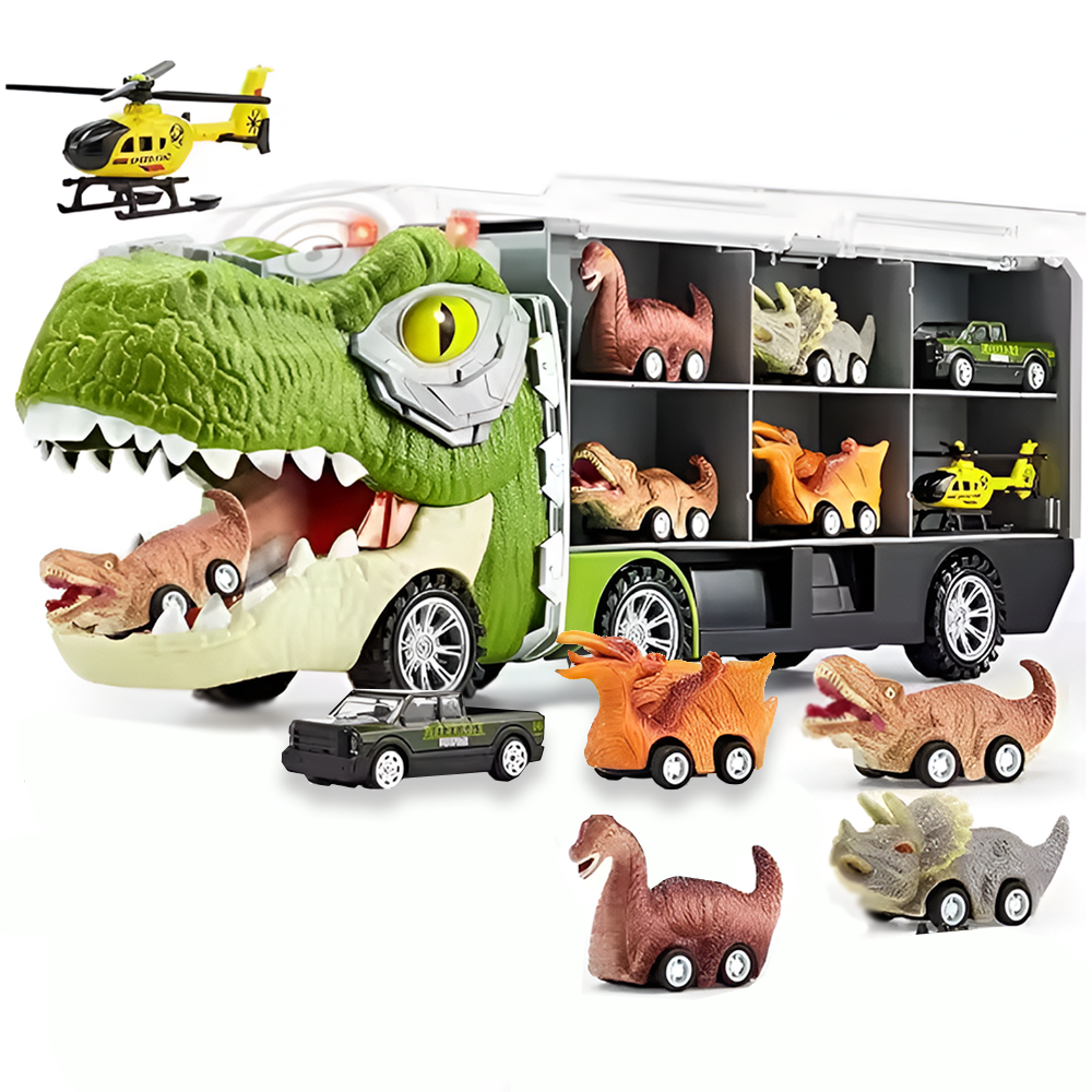 Set transportator T-REX, 6 vehicule, mașină, barcă, elicopter, verde deschis