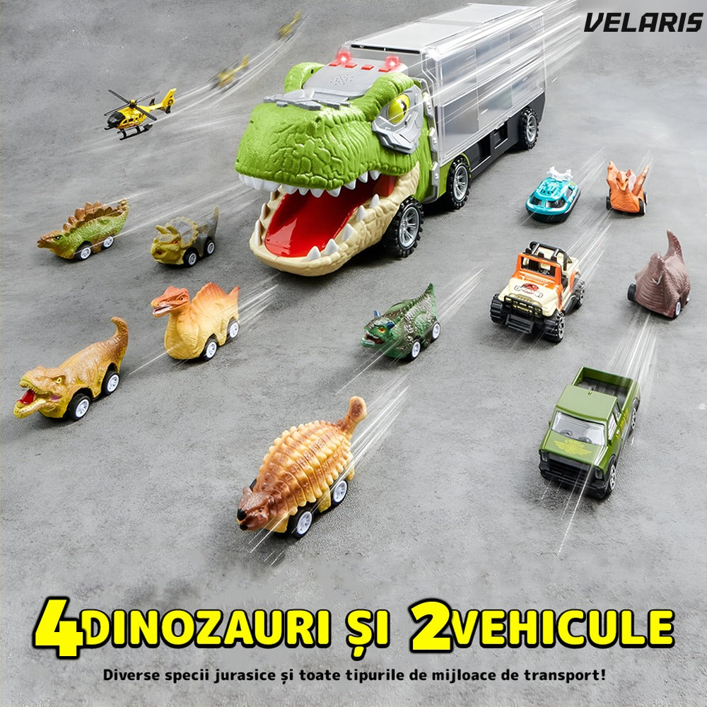 Set transportator T-REX, 6 vehicule, mașină, barcă, elicopter, verde deschis