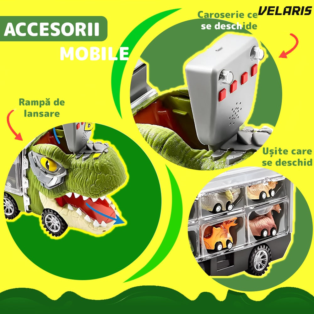Set transportator T-REX, 6 vehicule, mașină, barcă, elicopter, verde deschis