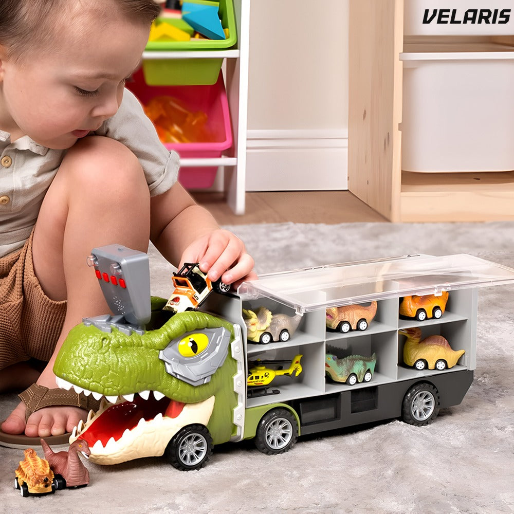 Set transportator T-REX, 6 vehicule, mașină, barcă, elicopter, verde deschis
