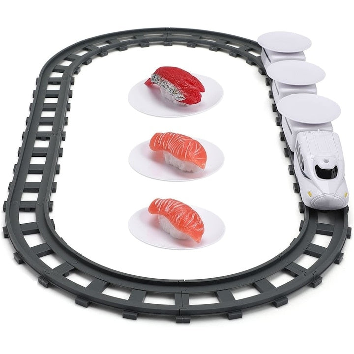 Trenulet electric pentru servit sushi, locomotivă + 3 vagoane, 6 tăvi și 12 șine, circuit 197 cm